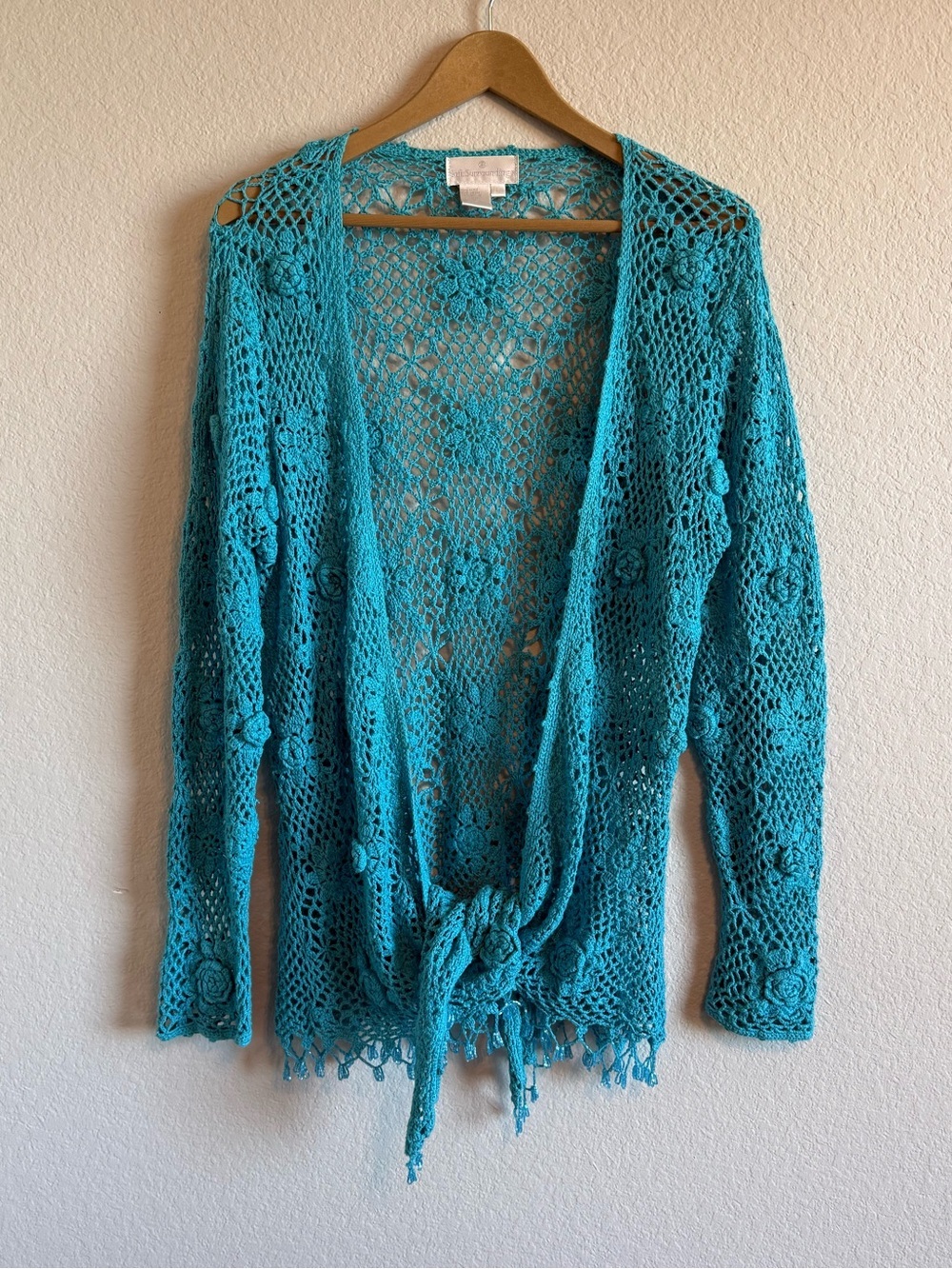 Soft Surroundings Vintage Turquoise Blue Crochet Loose Knit Beaded Cardigan Sz L